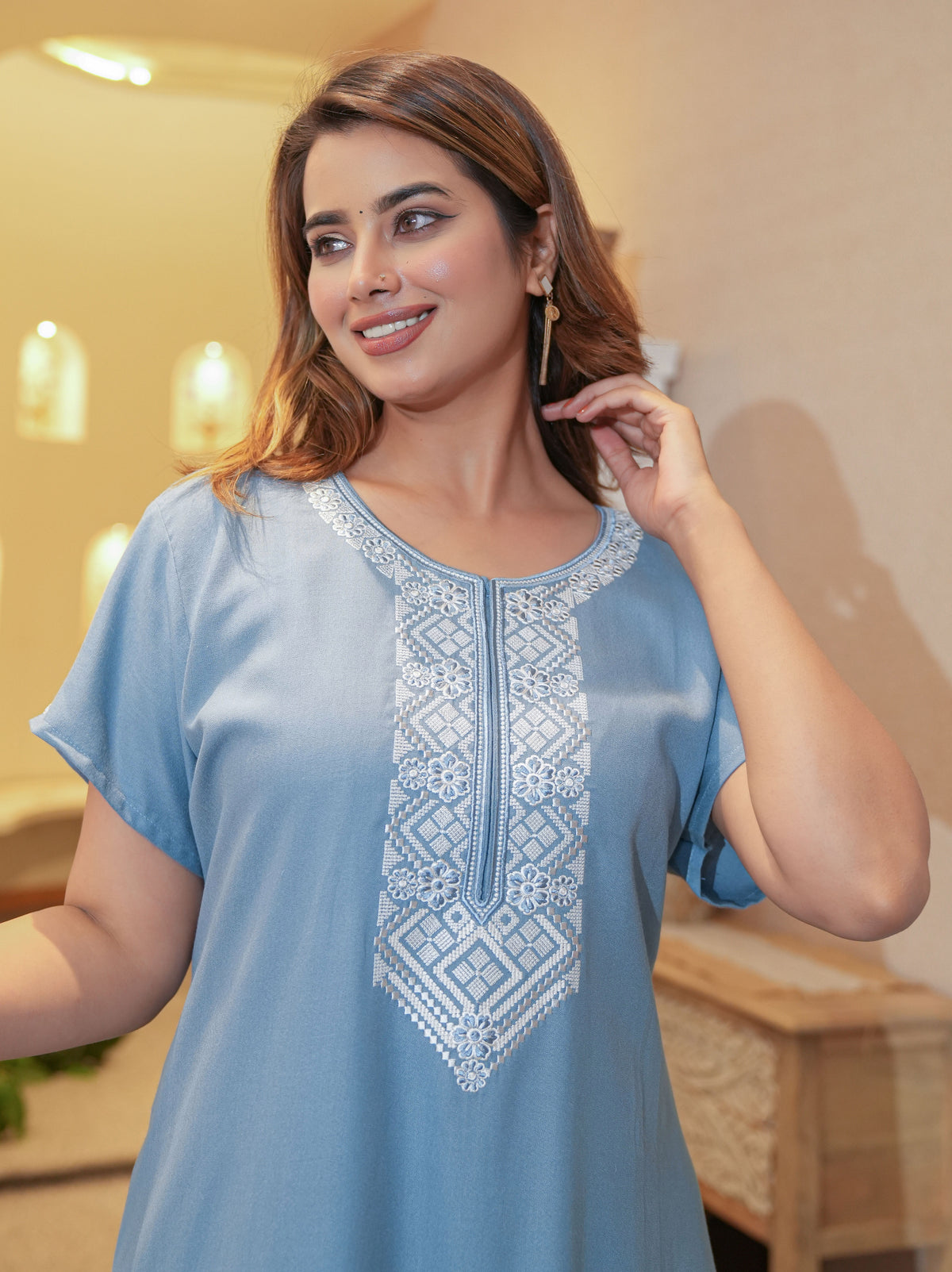 Satrangi House Women's Elegant Embroidered Alpine Maxi Nighty | Soft Denim-Blue Cotton Blend Loungewear Gown with Pocket