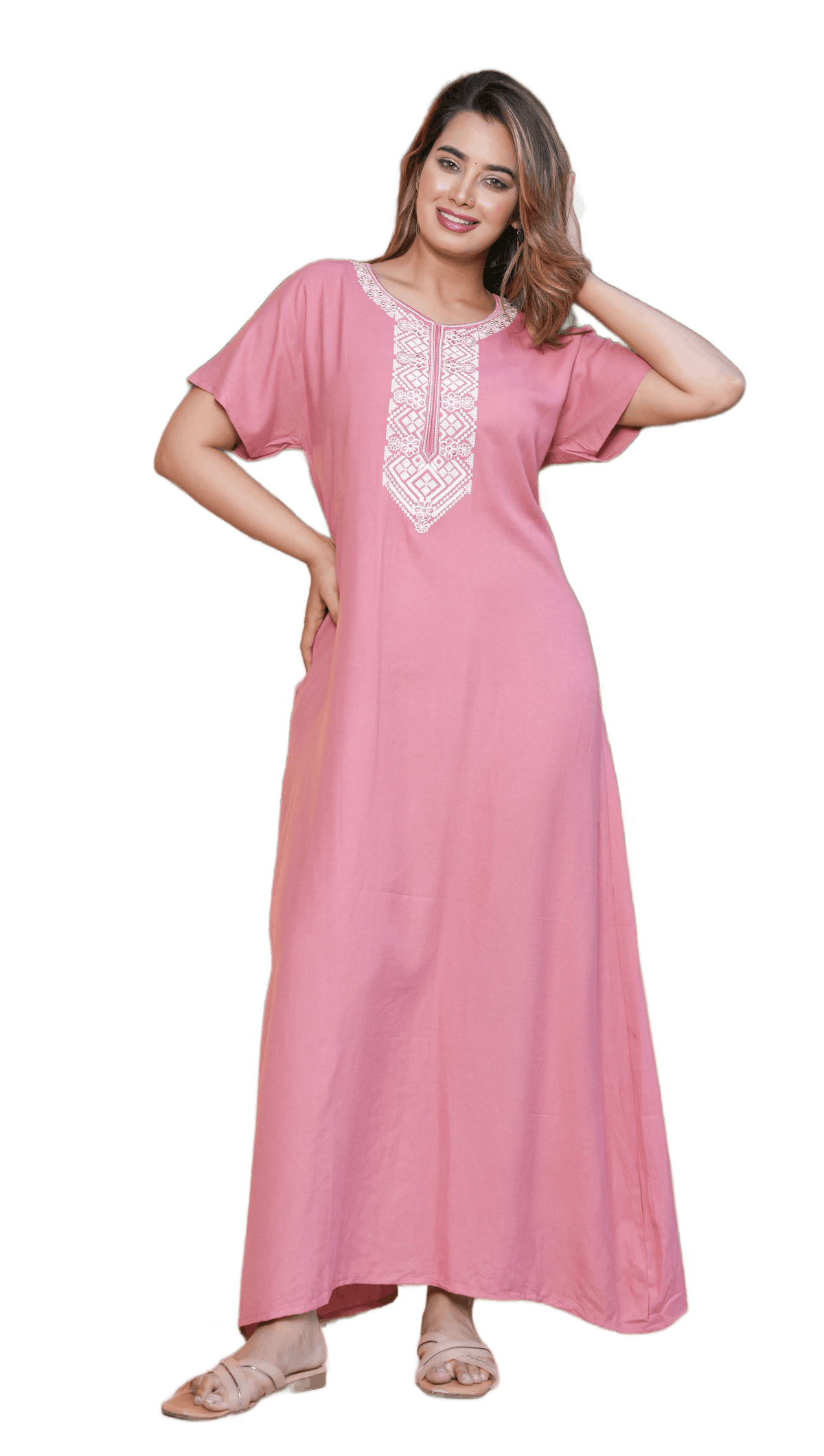 Satrangi House Women's Elegant Embroidered Alpine Maxi Nighty | Soft Rose-Pink Cotton Blend Loungewear Gown