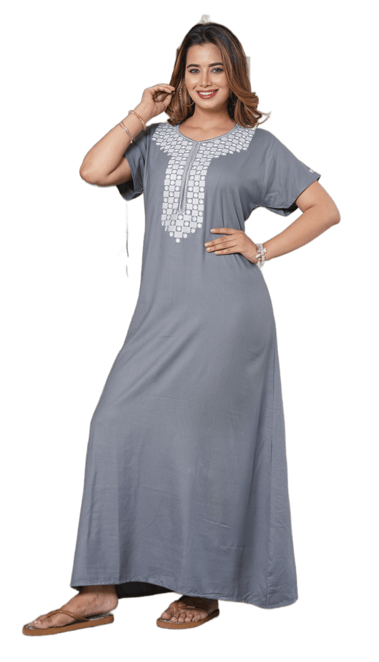 satrangi house Women's Elegant Embroidered Alpine Maxi Nighty | Soft Charcoal-Grey Cotton Blend Loungewear Gown
