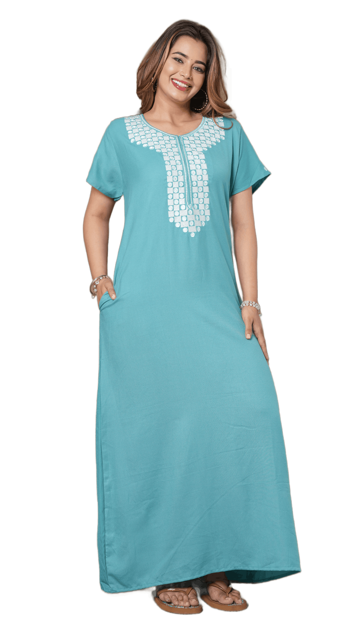satrangi house Women's Elegant Embroidered Alpine Maxi Nighty | Soft Teal-Blue Cotton Blend Loungewear Gown