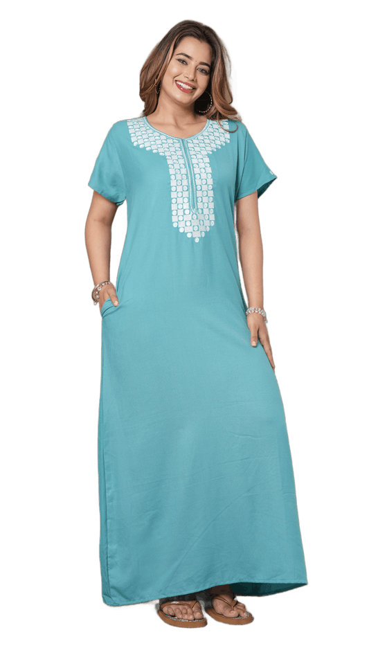 satrangi house Women's Elegant Embroidered Alpine Maxi Nighty | Soft Teal-Blue Cotton Blend Loungewear Gown