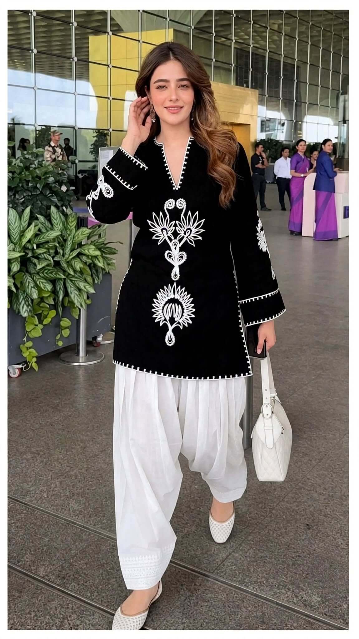 Black Embroidered Cotton Kurta with White Salwar Set