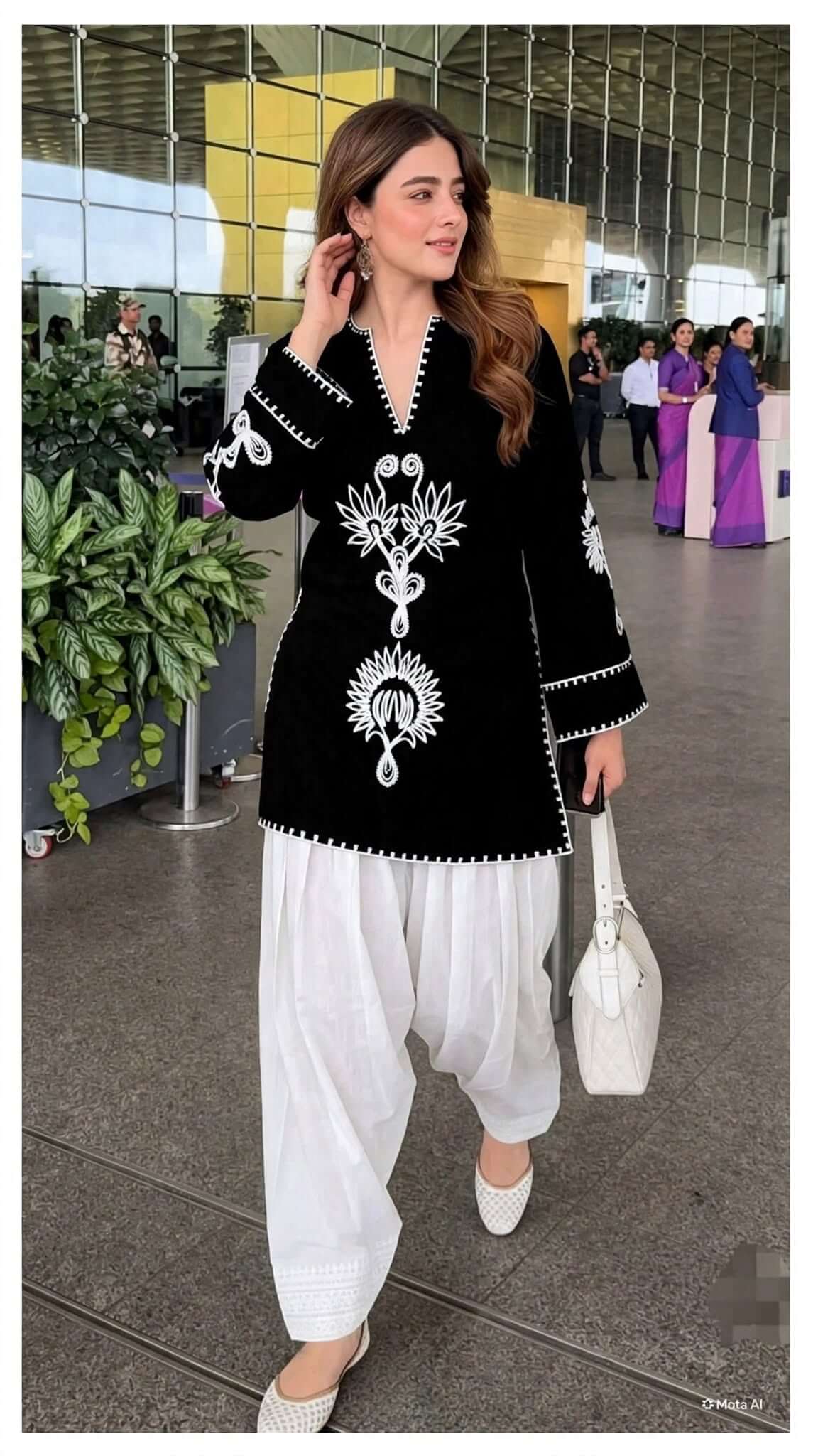 Black Embroidered Cotton Kurta with White Salwar Set