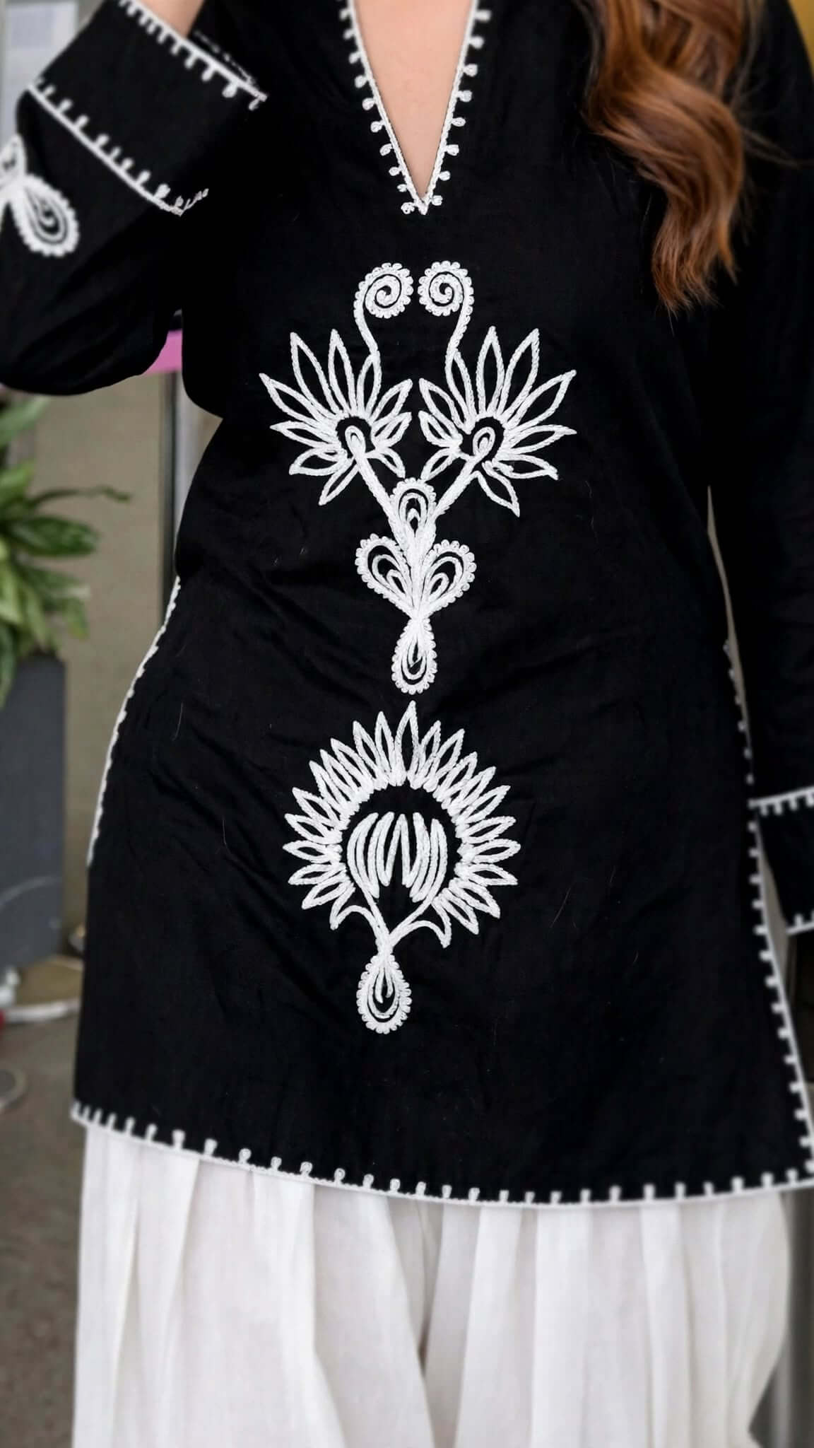 Black Embroidered Cotton Kurta with White Salwar Set