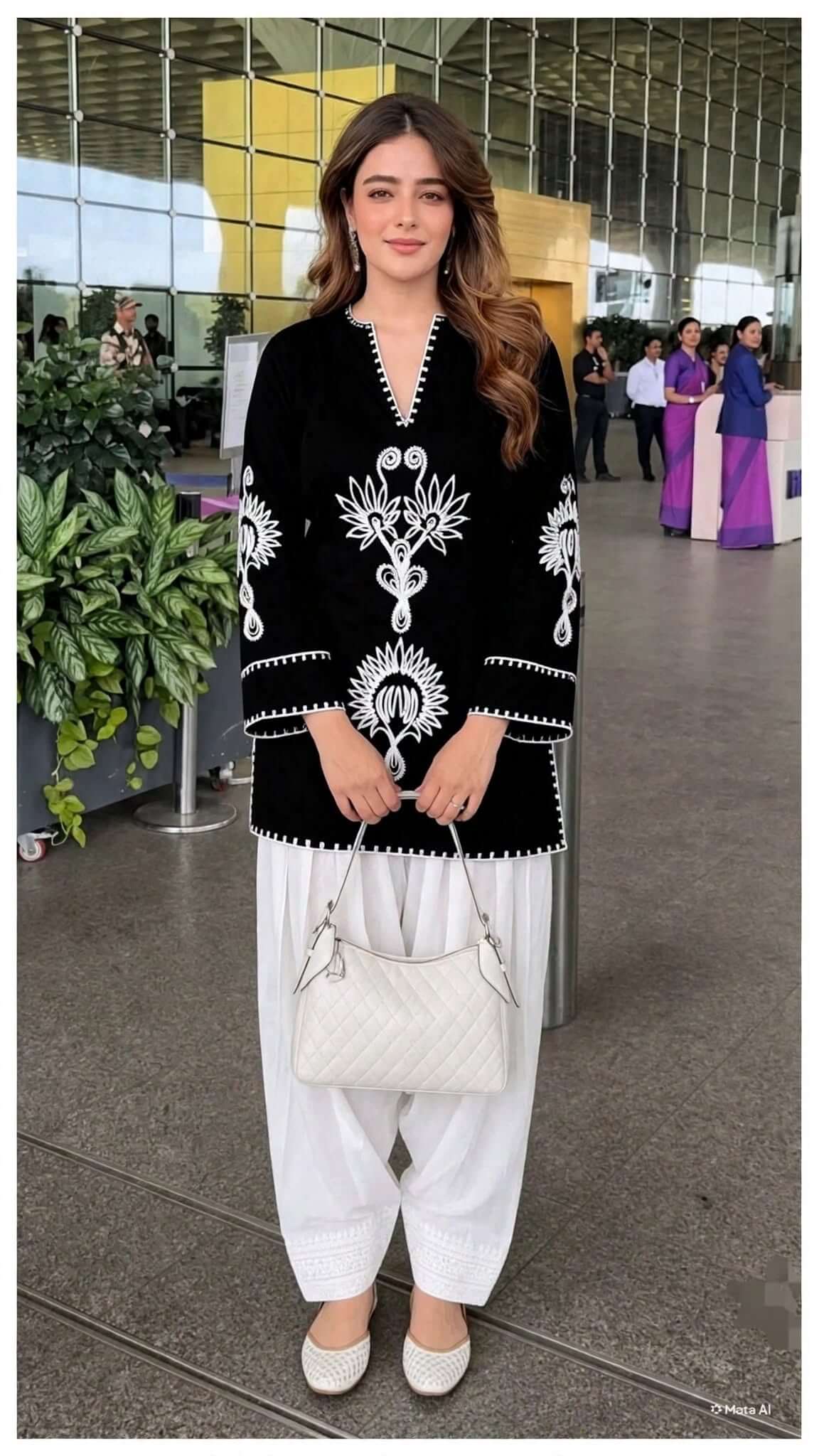 Black Embroidered Cotton Kurta with White Salwar Set