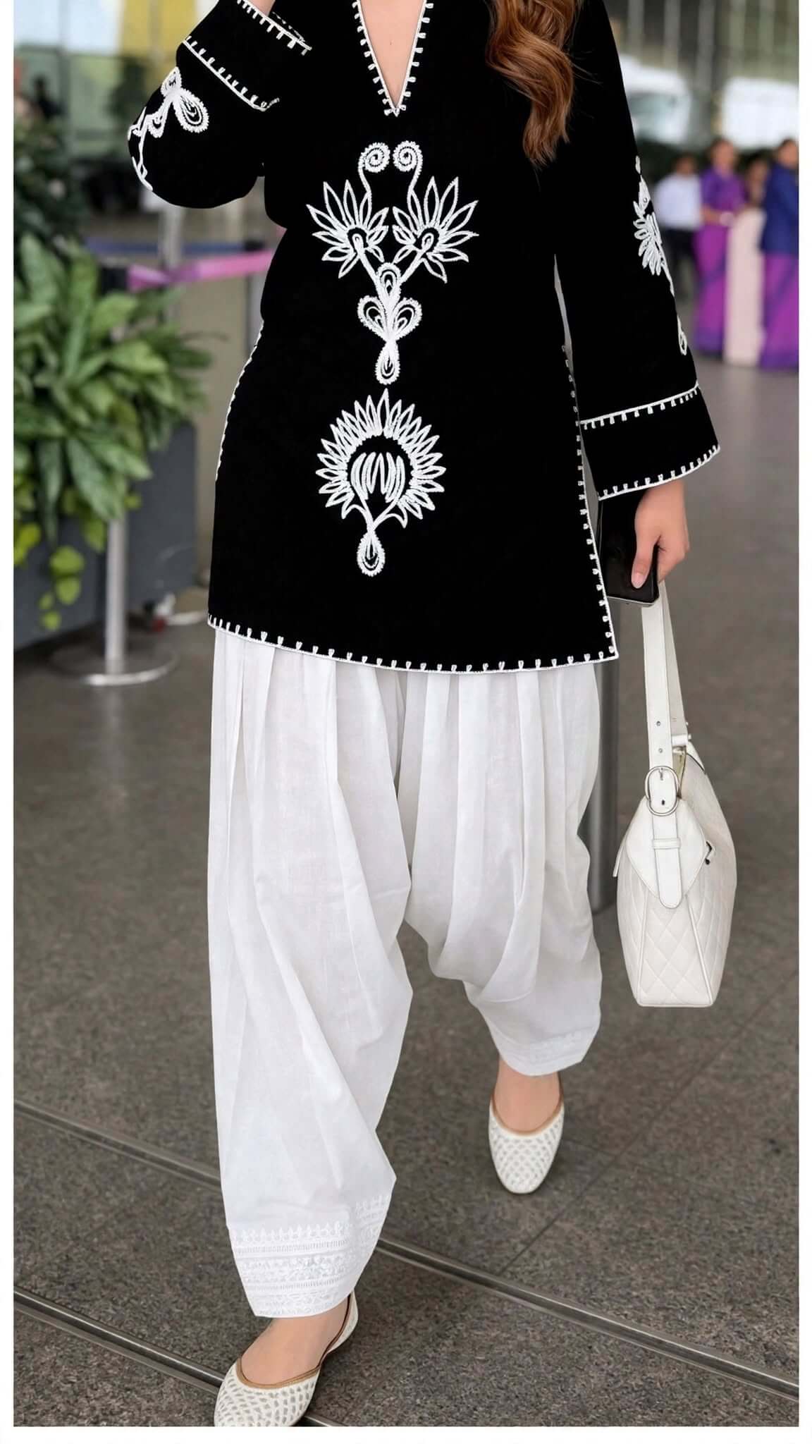 Black Embroidered Cotton Kurta with White Salwar Set