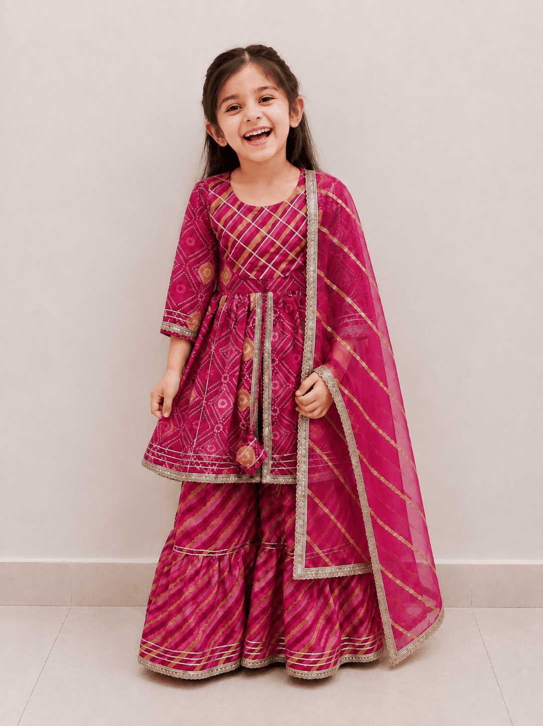 Girls Rani Pink Bandhani Print Peplum Kurti Sharara Set | Kids Gota Patti Traditional Festive Wear Suit with Dupatta