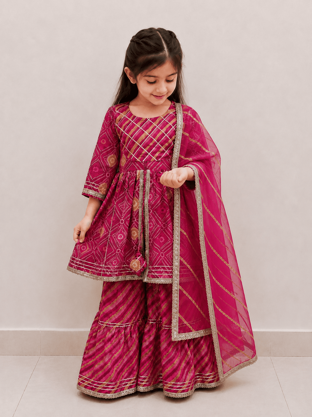 Girls Rani Pink Bandhani Print Peplum Kurti Sharara Set | Kids Gota Patti Traditional Festive Wear Suit with Dupatta