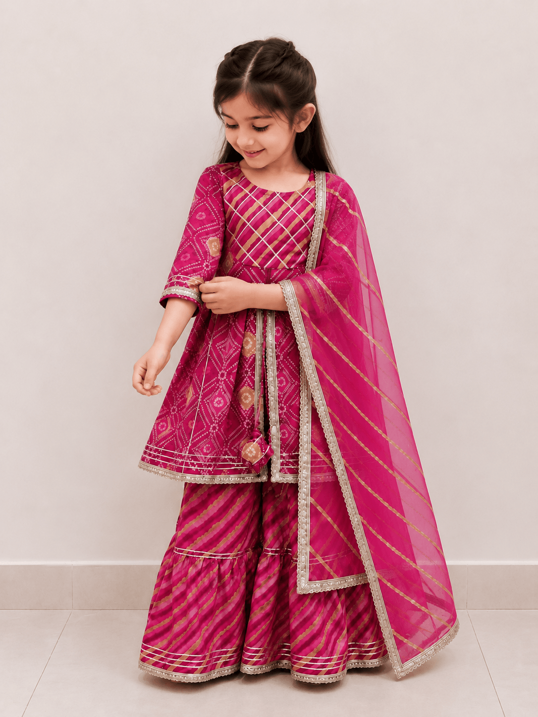 Girls Rani Pink Bandhani Print Peplum Kurti Sharara Set | Kids Gota Patti Traditional Festive Wear Suit with Dupatta