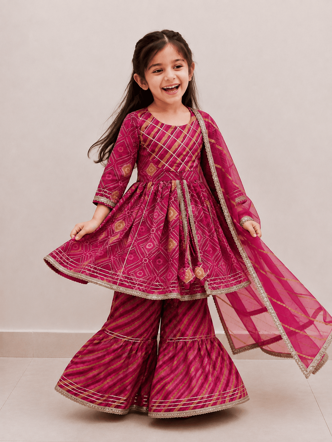 Girls Rani Pink Bandhani Print Peplum Kurti Sharara Set | Kids Gota Patti Traditional Festive Wear Suit with Dupatta