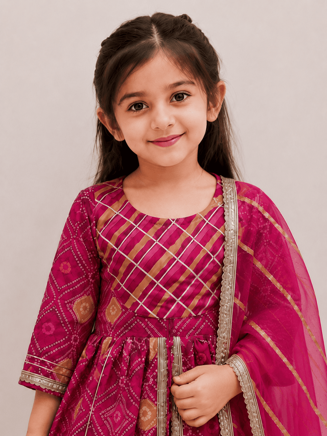 Girls Rani Pink Bandhani Print Peplum Kurti Sharara Set | Kids Gota Patti Traditional Festive Wear Suit with Dupatta