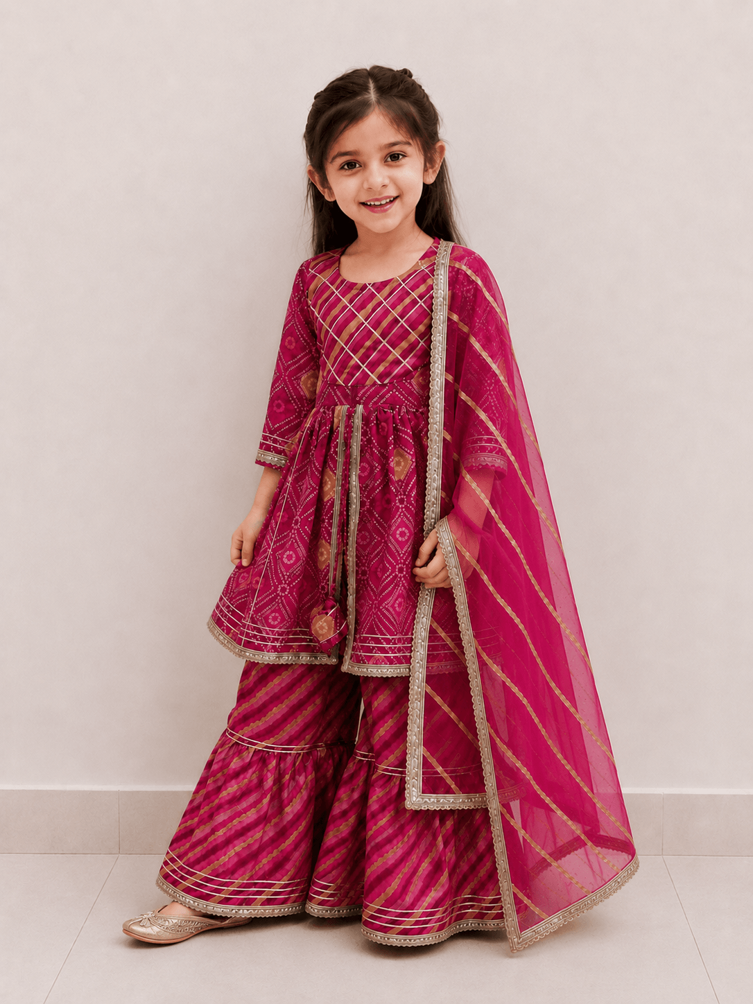 Girls Rani Pink Bandhani Print Peplum Kurti Sharara Set | Kids Gota Patti Traditional Festive Wear Suit with Dupatta