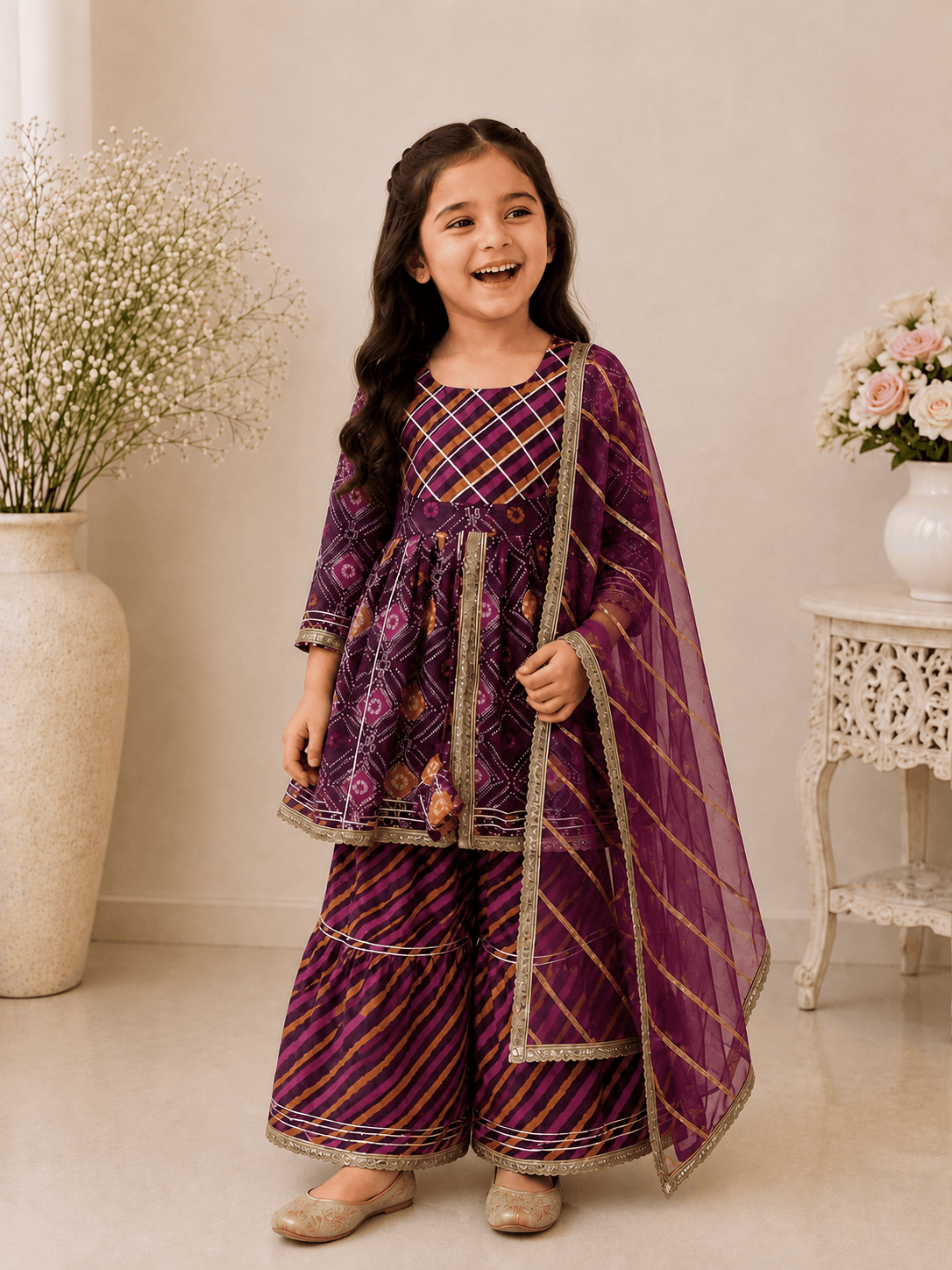 Girls Purple Bandhani Print Peplum Kurti Sharara Set | Kids Gota Patti Traditional Festive Wear Suit with Dupatta
