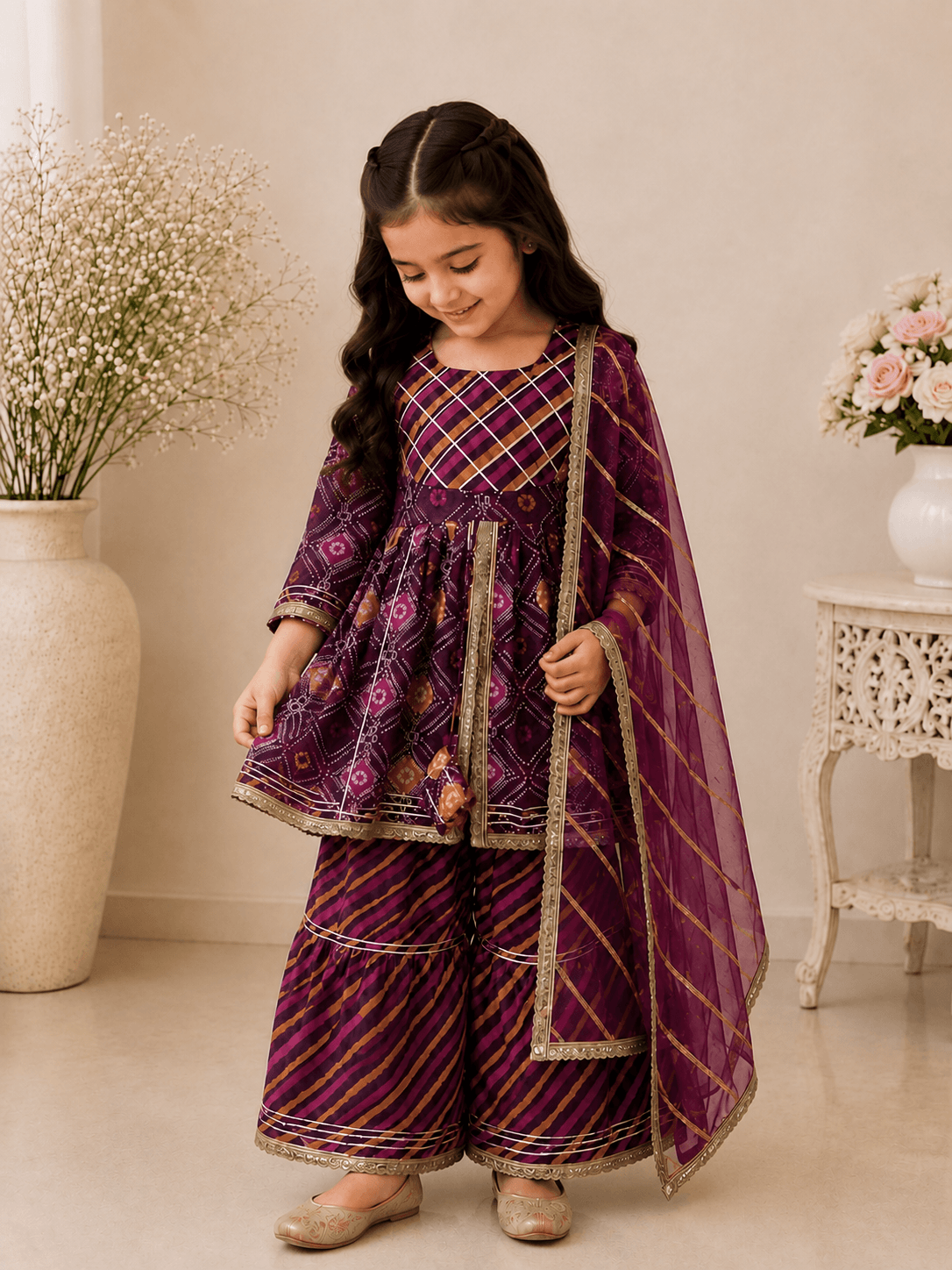Girls Purple Bandhani Print Peplum Kurti Sharara Set | Kids Gota Patti Traditional Festive Wear Suit with Dupatta