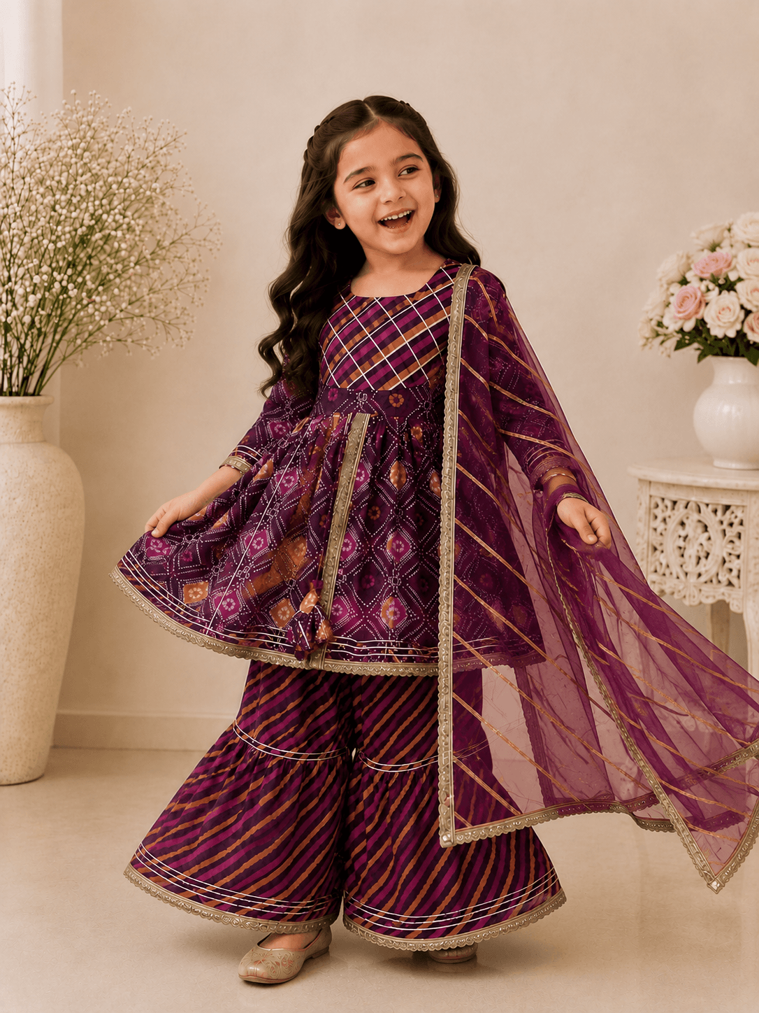 Girls Purple Bandhani Print Peplum Kurti Sharara Set | Kids Gota Patti Traditional Festive Wear Suit with Dupatta