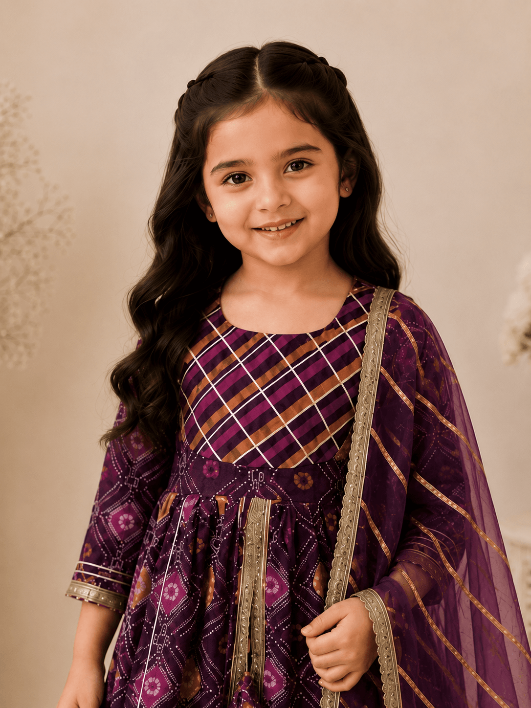 Girls Purple Bandhani Print Peplum Kurti Sharara Set | Kids Gota Patti Traditional Festive Wear Suit with Dupatta