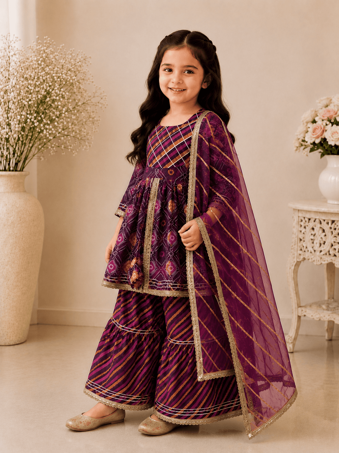 Girls Purple Bandhani Print Peplum Kurti Sharara Set | Kids Gota Patti Traditional Festive Wear Suit with Dupatta
