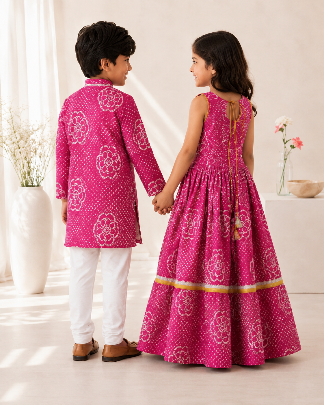 Pink Printed Sibling Ethnic Wear Set