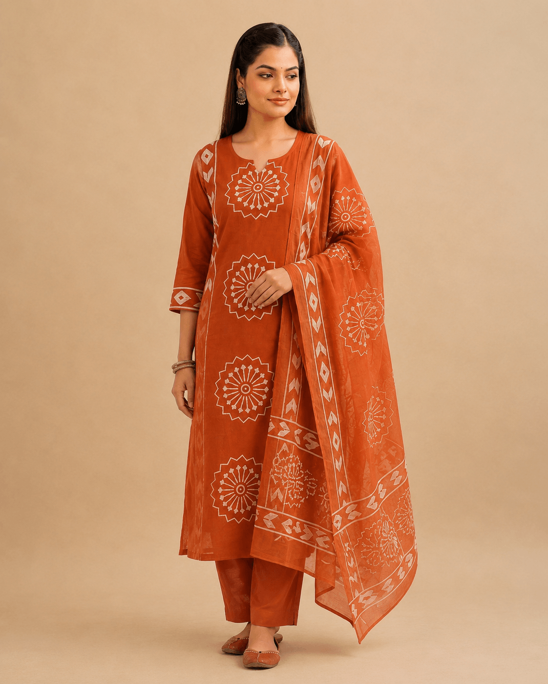 Women's Rust Orange Pure Cotton Printed Kurta Pant Set with Dupatta – 3-Piece Traditional Ethnic Suit Set for Women