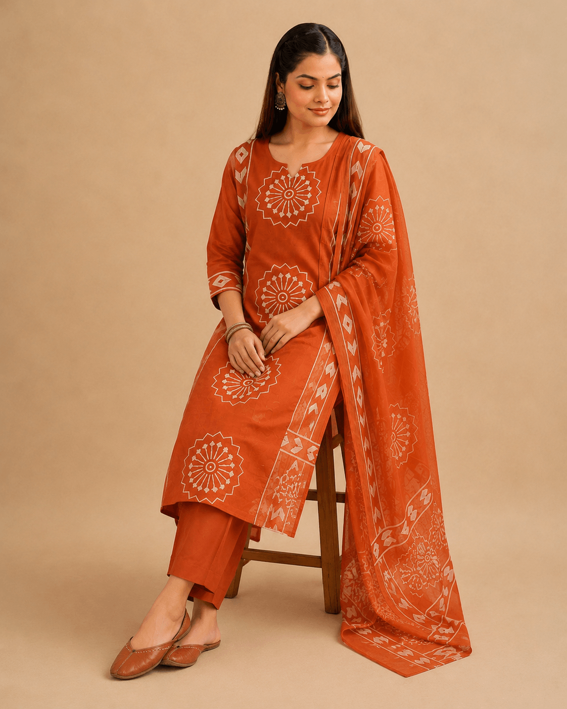 Women's Rust Orange Pure Cotton Printed Kurta Pant Set with Dupatta – 3-Piece Traditional Ethnic Suit Set for Women
