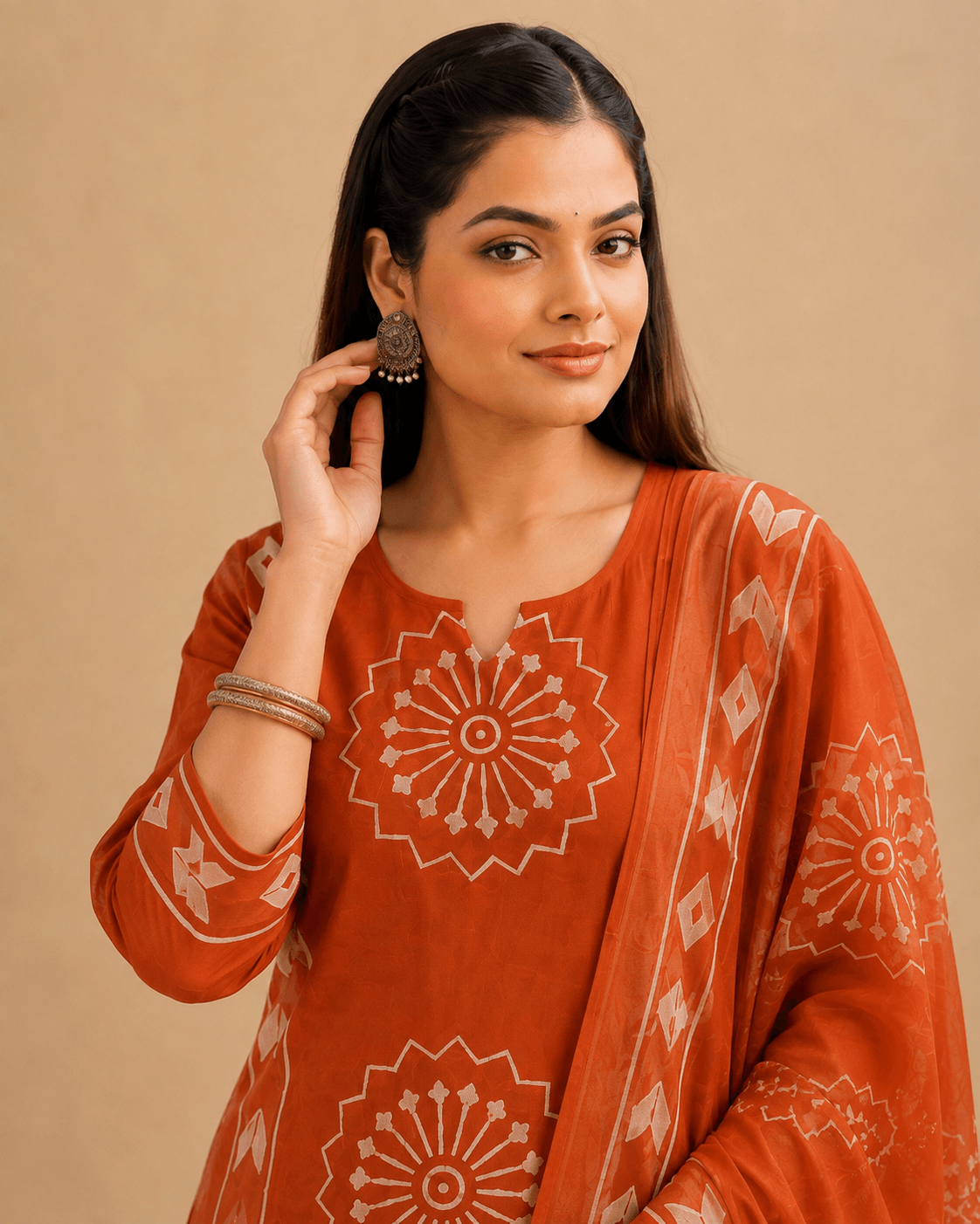 Women's Rust Orange Pure Cotton Printed Kurta Pant Set with Dupatta – 3-Piece Traditional Ethnic Suit Set for Women