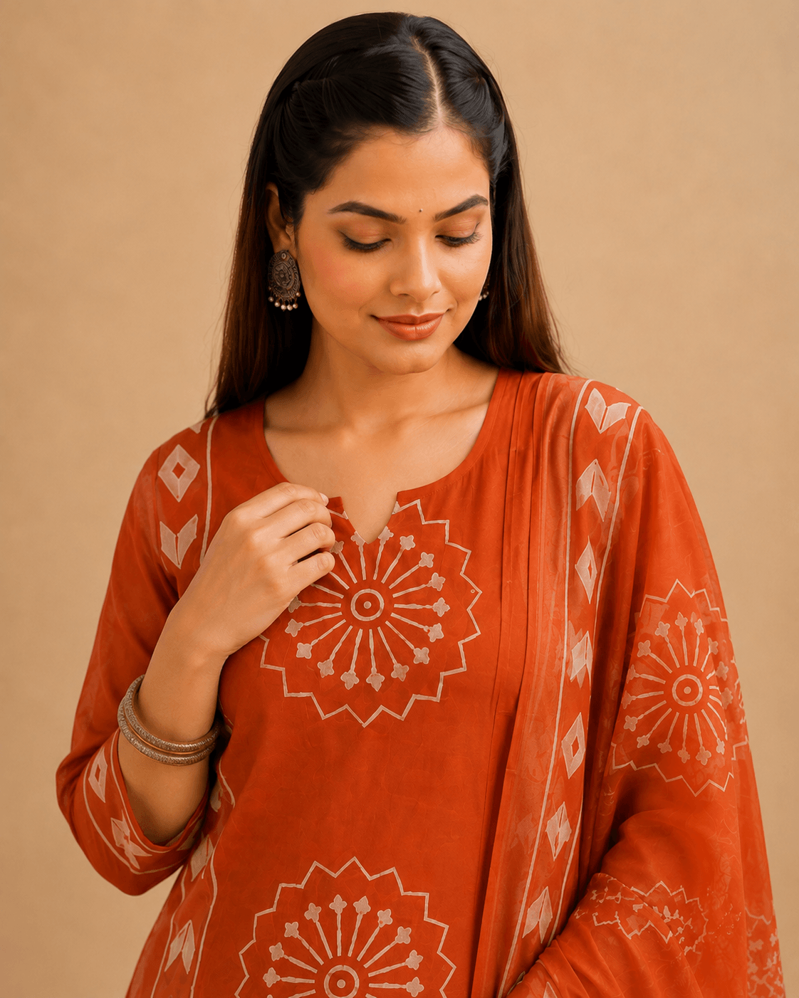 Women's Rust Orange Pure Cotton Printed Kurta Pant Set with Dupatta – 3-Piece Traditional Ethnic Suit Set for Women
