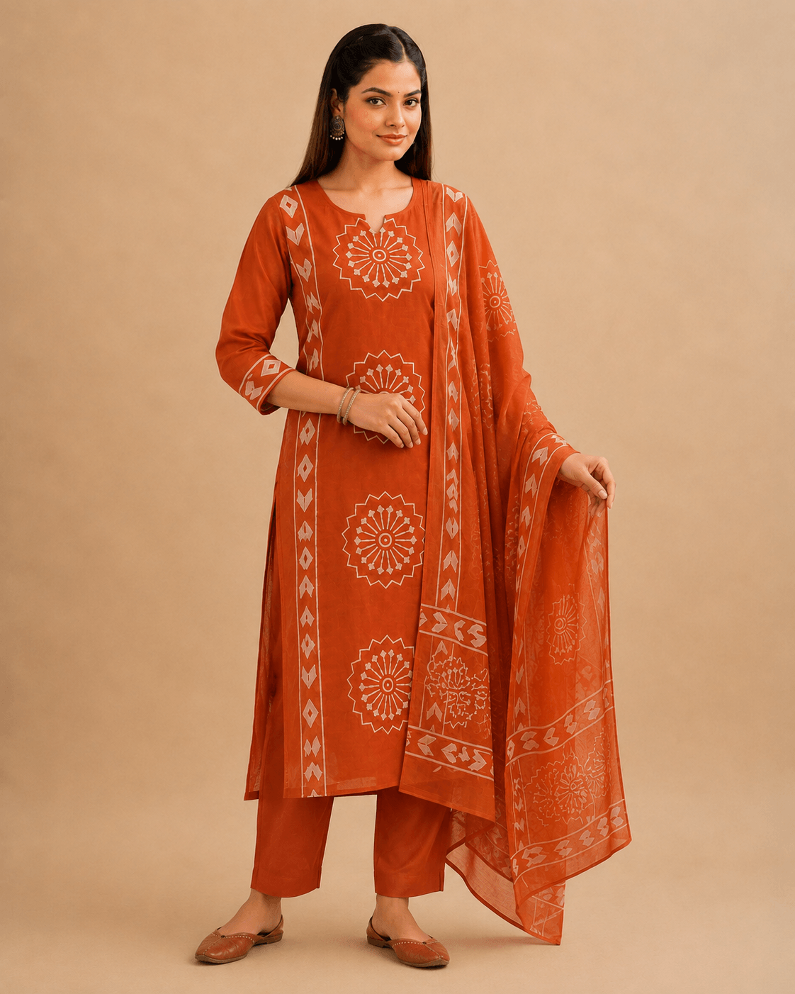 Women's Rust Orange Pure Cotton Printed Kurta Pant Set with Dupatta – 3-Piece Traditional Ethnic Suit Set for Women