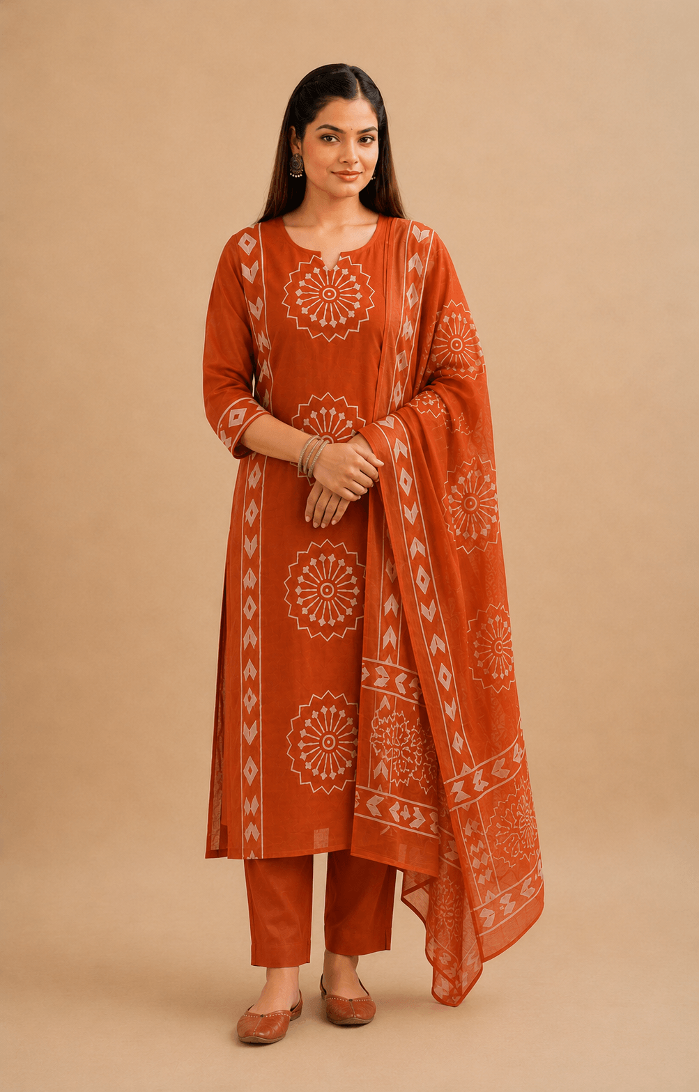 Women's Rust Orange Pure Cotton Printed Kurta Pant Set with Dupatta – 3-Piece Traditional Ethnic Suit Set for Women