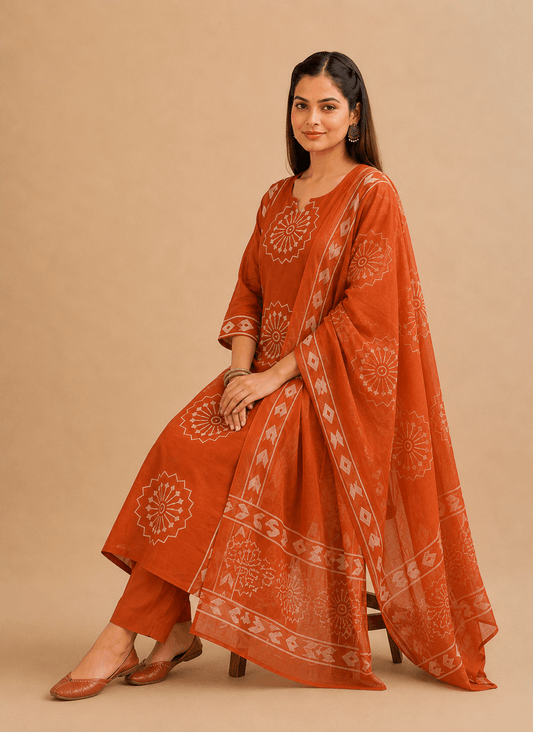 Women's Rust Orange Pure Cotton Printed Kurta Pant Set with Dupatta – 3-Piece Traditional Ethnic Suit Set for Women