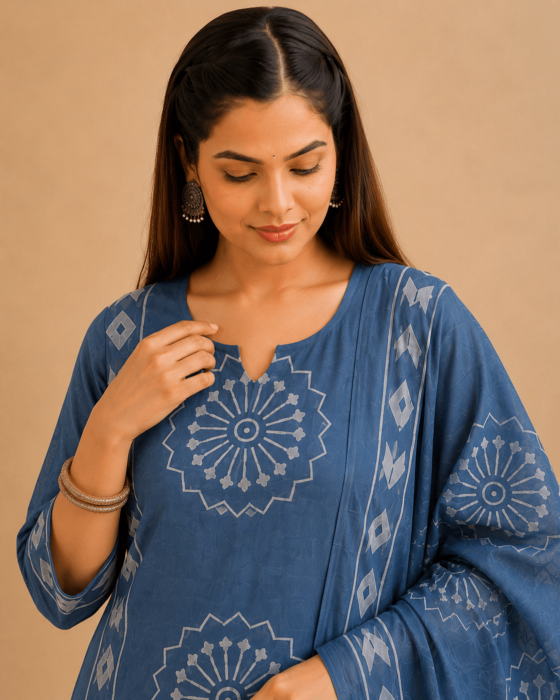 Women's Indigo Blue Pure Cotton Printed Kurta Pant Set with Dupatta – 3-Piece Traditional Jaipuri Block Print Suit Set for Women