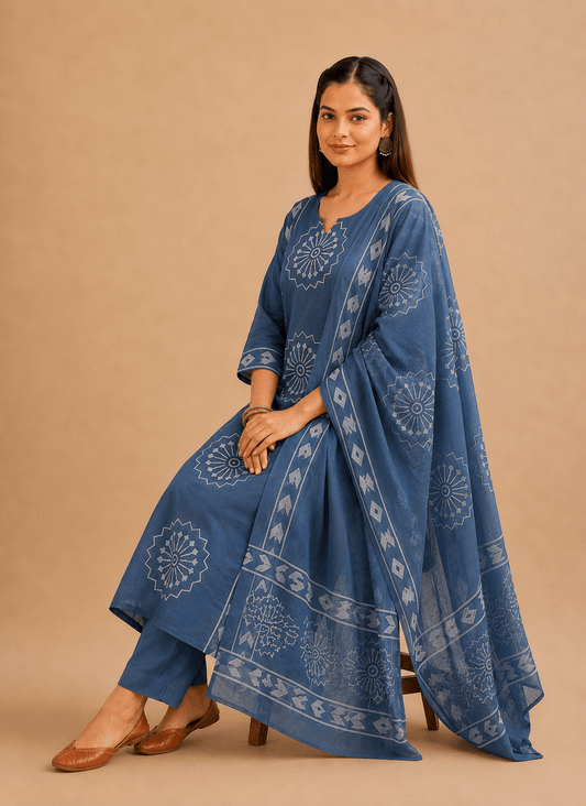Women's Indigo Blue Pure Cotton Printed Kurta Pant Set with Dupatta – 3-Piece Traditional Jaipuri Block Print Suit Set for Women