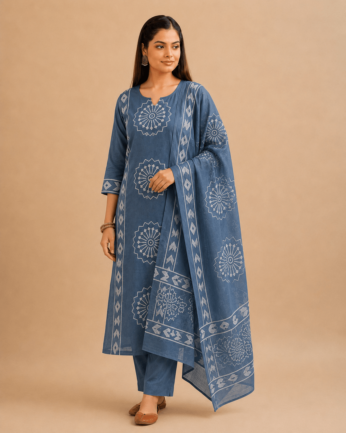 Women's Indigo Blue Pure Cotton Printed Kurta Pant Set with Dupatta – 3-Piece Traditional Jaipuri Block Print Suit Set for Women