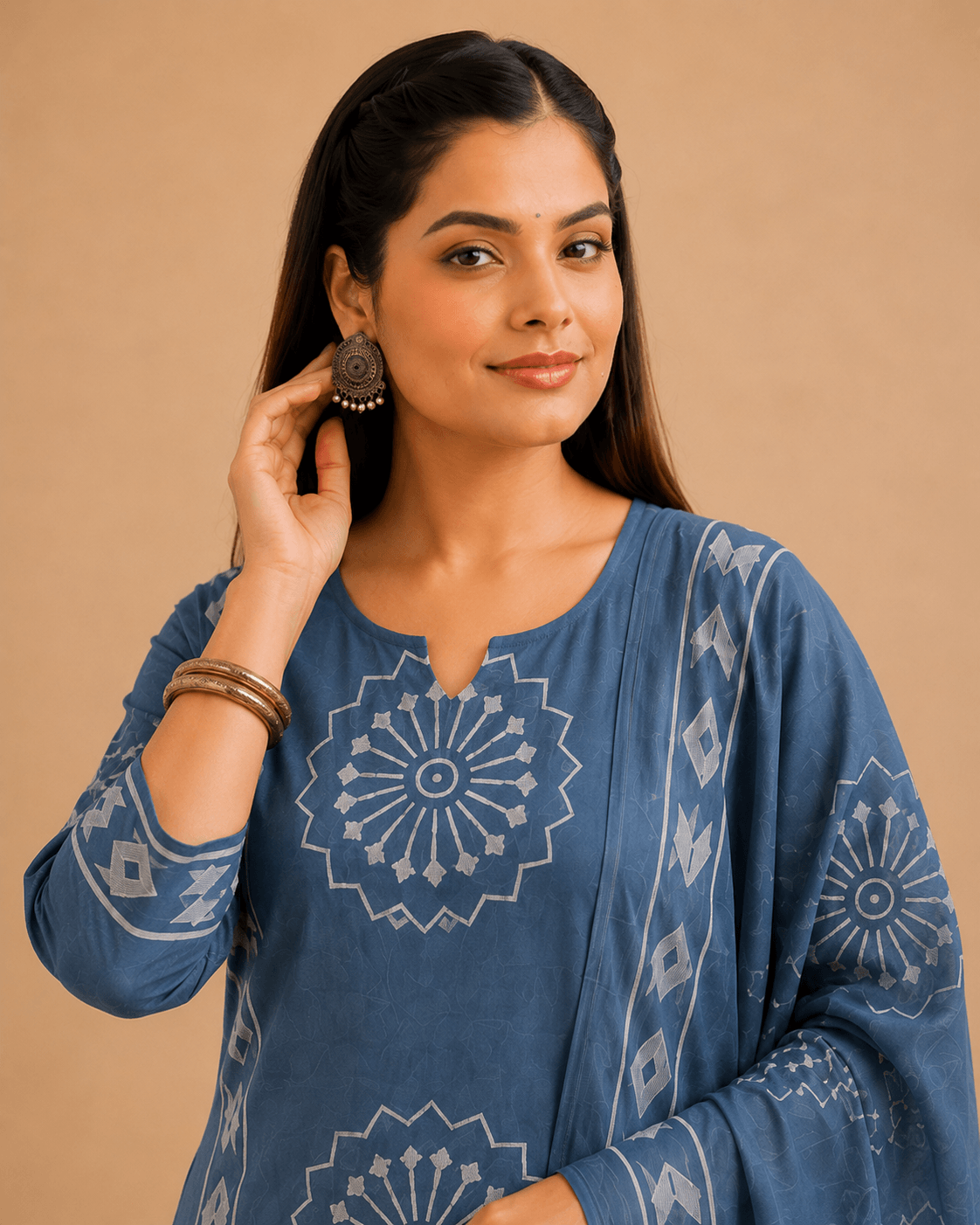 Women's Indigo Blue Pure Cotton Printed Kurta Pant Set with Dupatta – 3-Piece Traditional Jaipuri Block Print Suit Set for Women