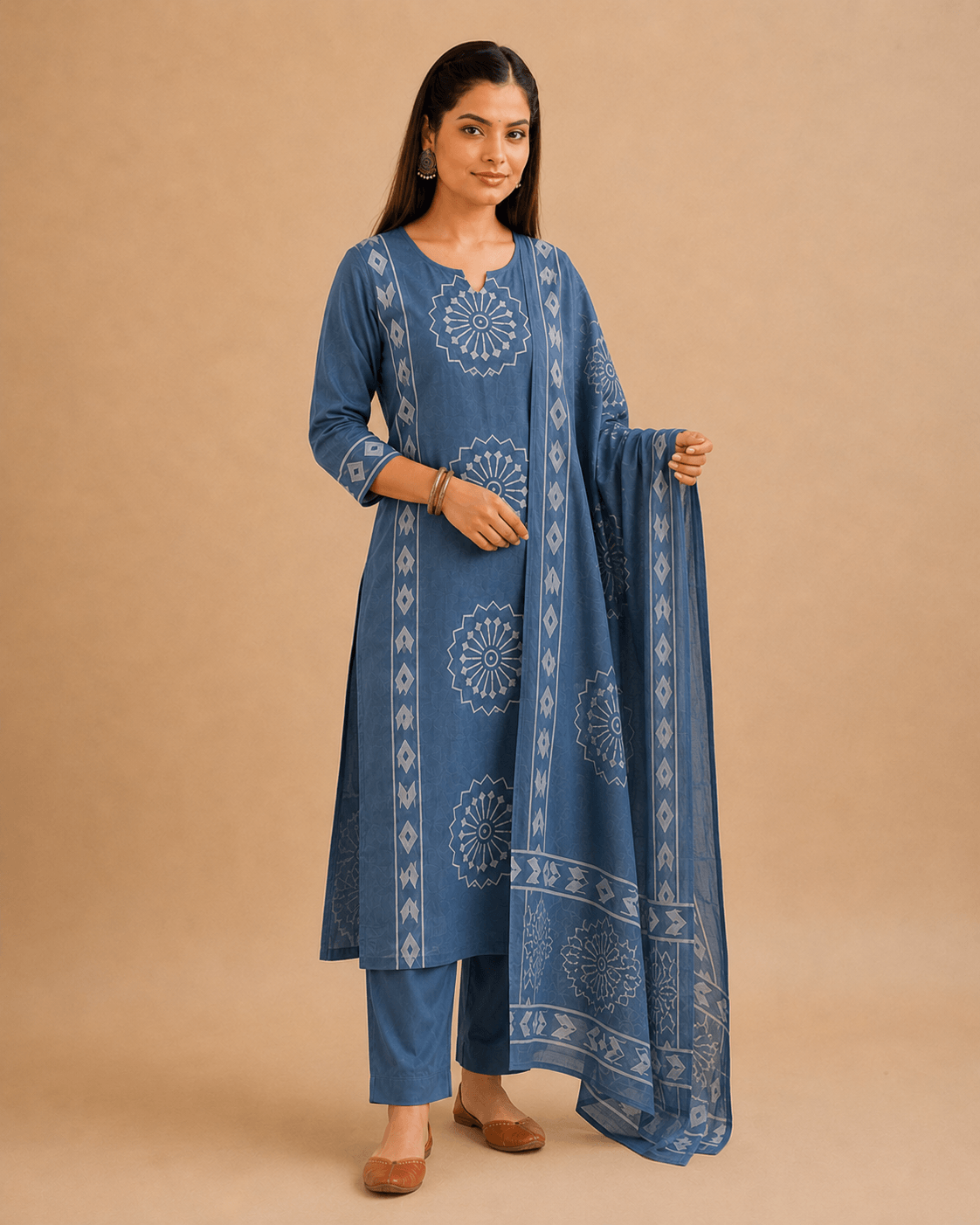 Women's Indigo Blue Pure Cotton Printed Kurta Pant Set with Dupatta – 3-Piece Traditional Jaipuri Block Print Suit Set for Women