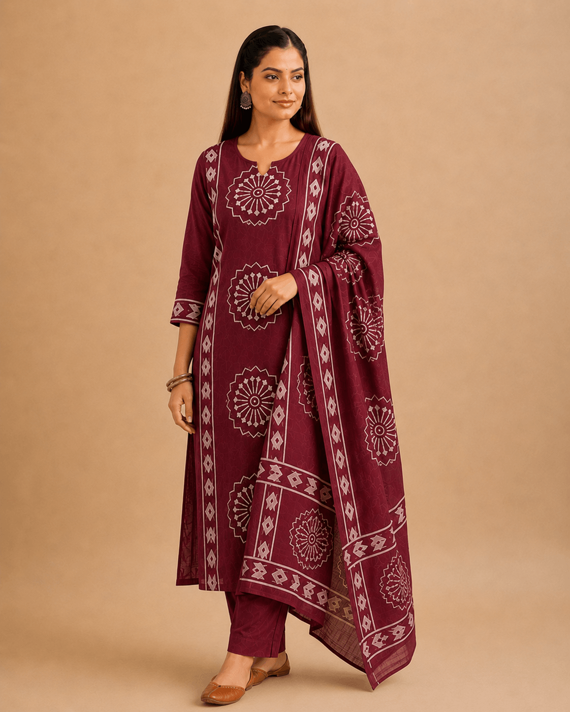 Women's Maroon Pure Cotton Printed Kurta Pant Set with Dupatta – 3-Piece Traditional Ethnic Suit Set for Women