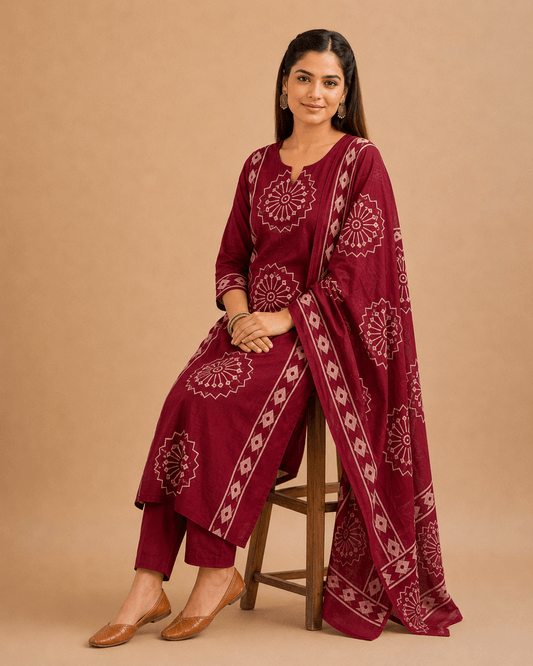 Women's Maroon Pure Cotton Printed Kurta Pant Set with Dupatta – 3-Piece Traditional Ethnic Suit Set for Women