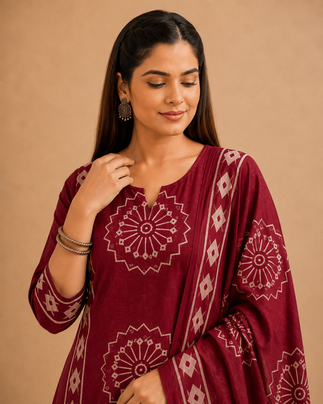 Women's Maroon Pure Cotton Printed Kurta Pant Set with Dupatta – 3-Piece Traditional Ethnic Suit Set for Women