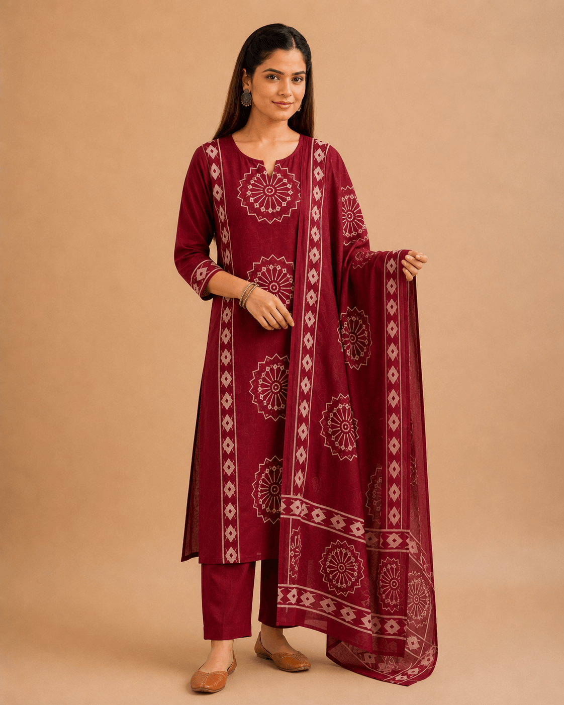 Women's Maroon Pure Cotton Printed Kurta Pant Set with Dupatta – 3-Piece Traditional Ethnic Suit Set for Women