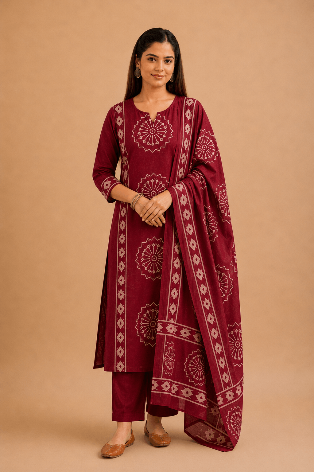 Women's Maroon Pure Cotton Printed Kurta Pant Set with Dupatta – 3-Piece Traditional Ethnic Suit Set for Women