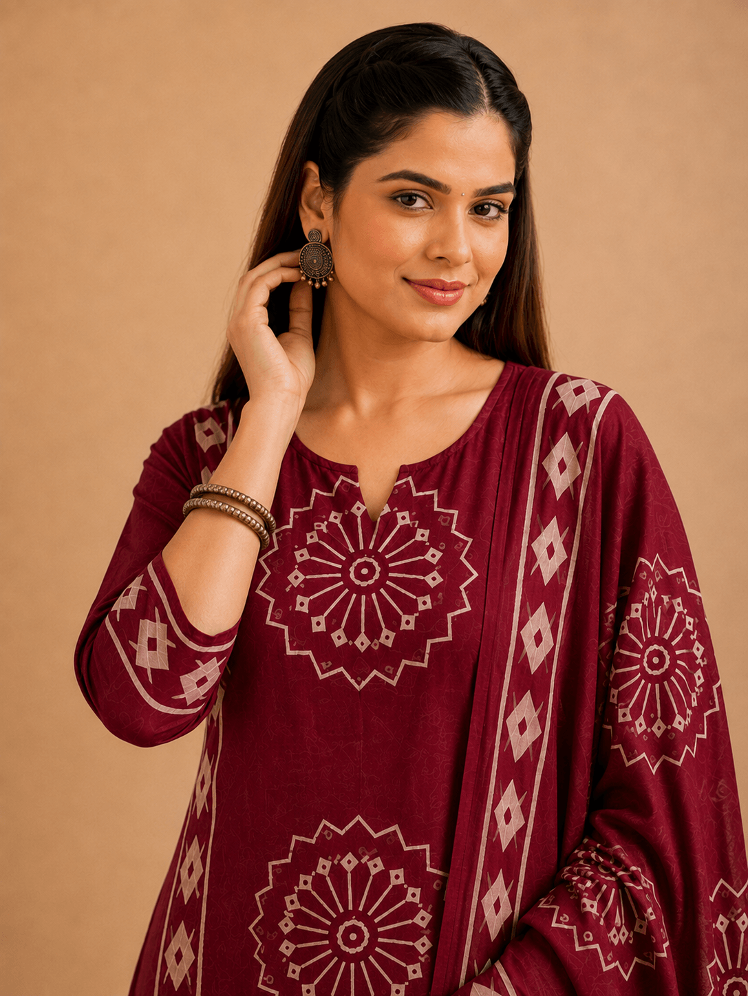 Women's Maroon Pure Cotton Printed Kurta Pant Set with Dupatta – 3-Piece Traditional Ethnic Suit Set for Women