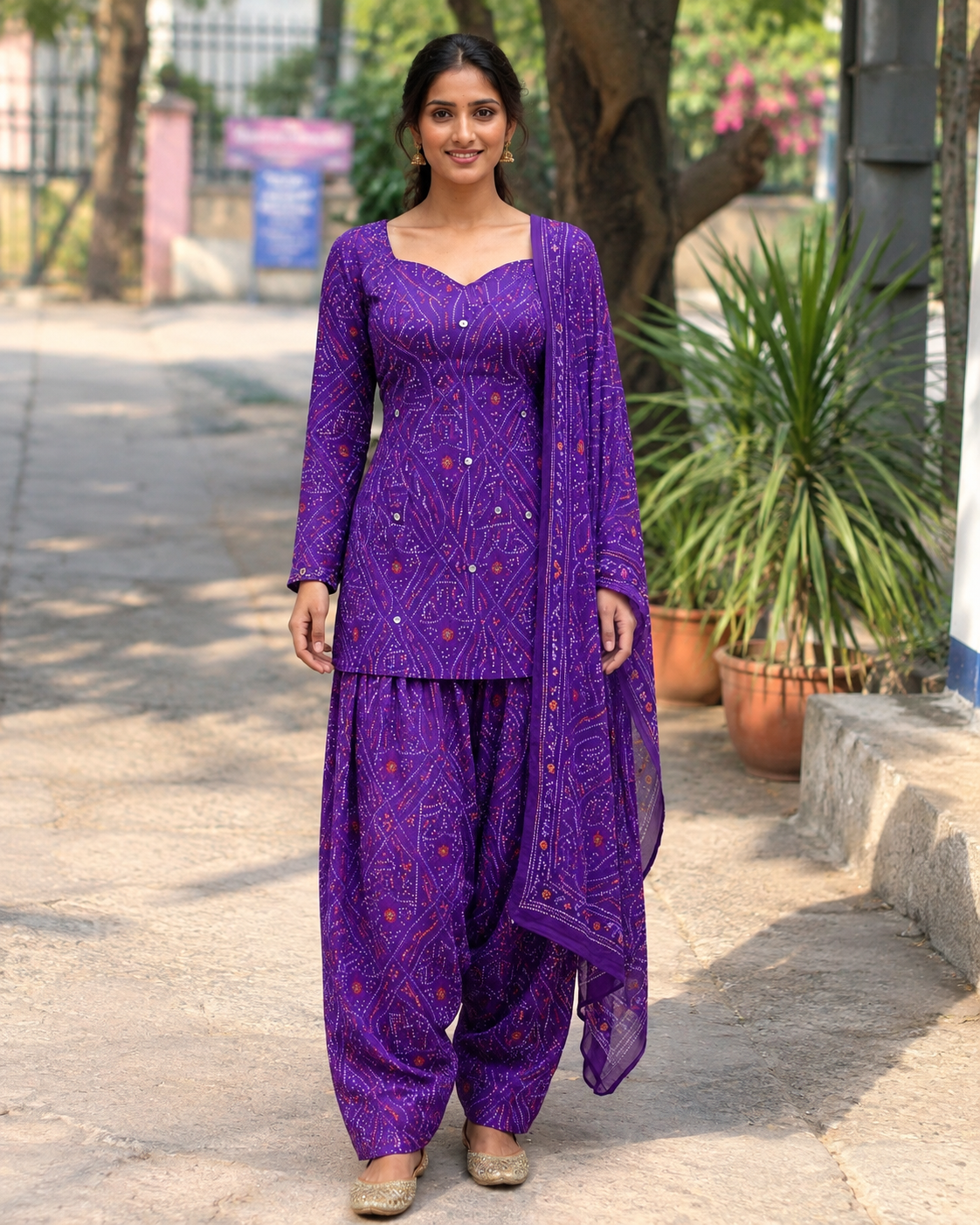 Women Purple Bandhani Printed Cotton Patiyala Salwar Suit Set with Dupatta