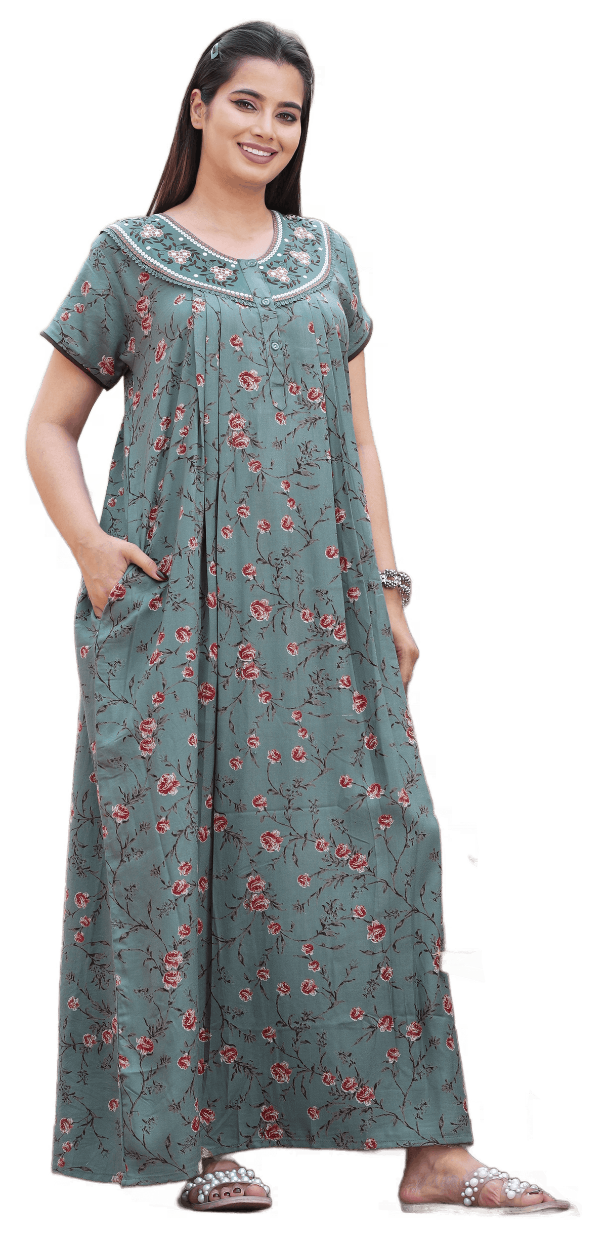 Womens Sea Green Alpine Fabric Floral Printed Maxi Nighty | Premium Round Neck Embroidered Yoke Full Length Nightgown