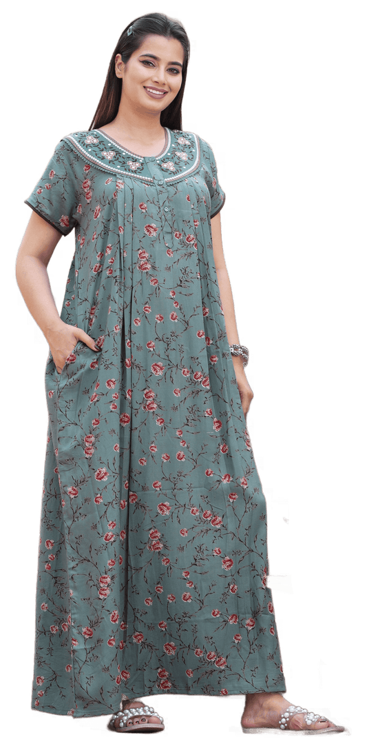 Womens Sea Green Alpine Fabric Floral Printed Maxi Nighty | Premium Round Neck Embroidered Yoke Full Length Nightgown