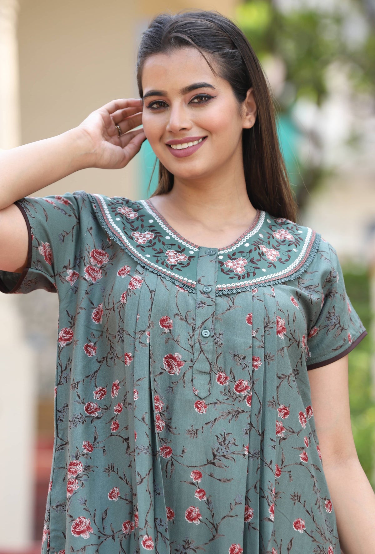 Womens Sea Green Alpine Fabric Floral Printed Maxi Nighty | Premium Round Neck Embroidered Yoke Full Length Nightgown