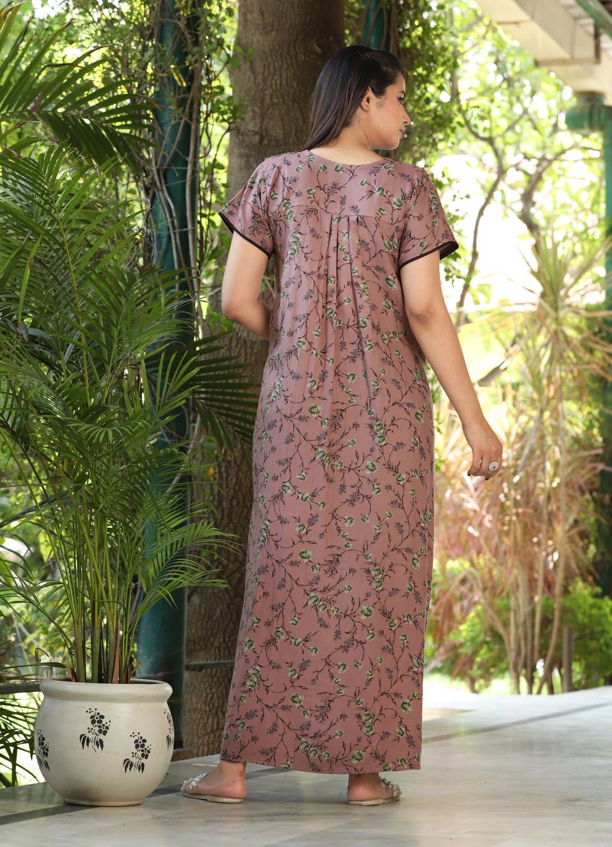 Womens Mauve Alpine Fabric Floral Printed Maxi Nighty | Premium Round Neck Embroidered Yoke Full Length Nightgown