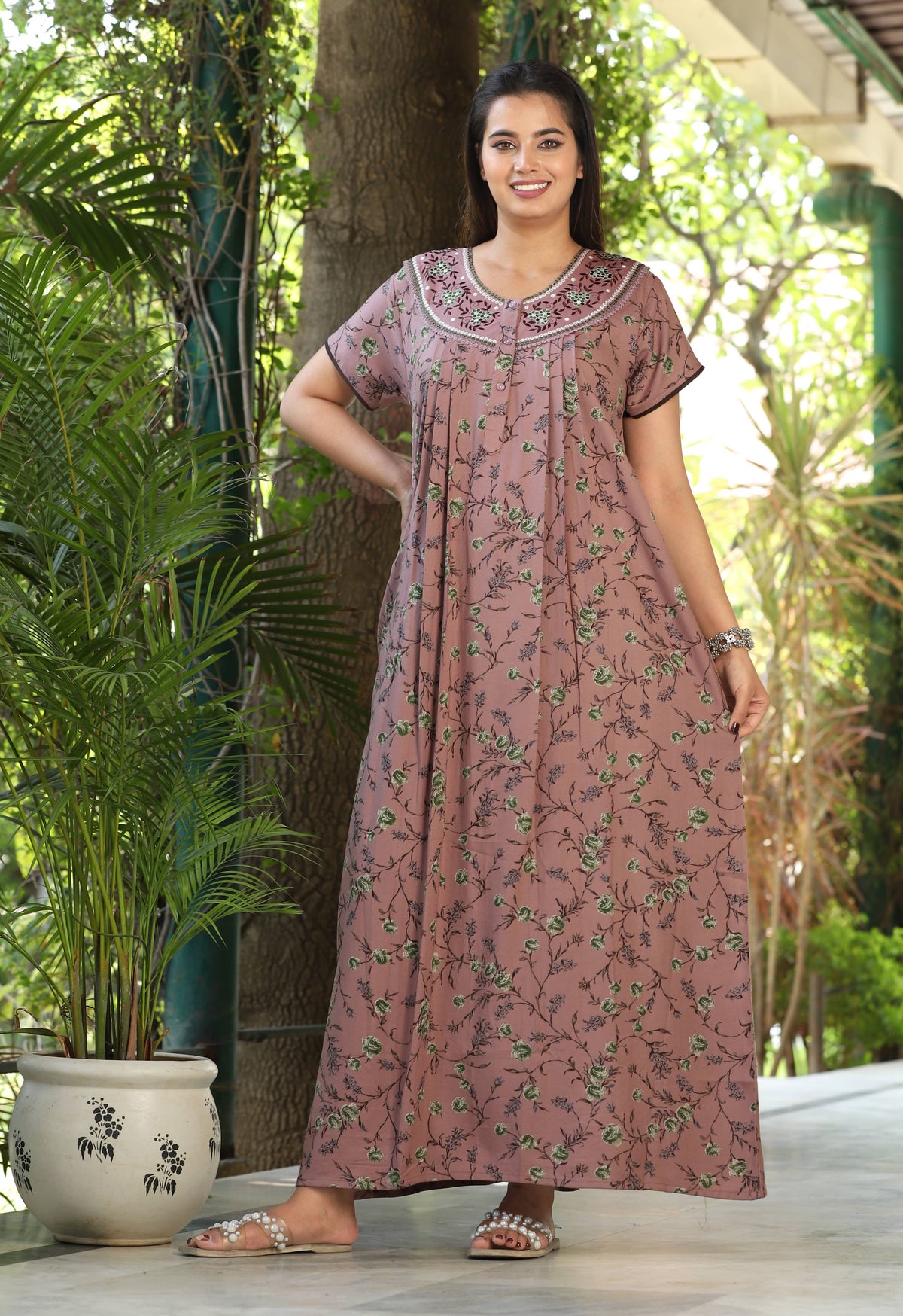 Womens Mauve Alpine Fabric Floral Printed Maxi Nighty | Premium Round Neck Embroidered Yoke Full Length Nightgown