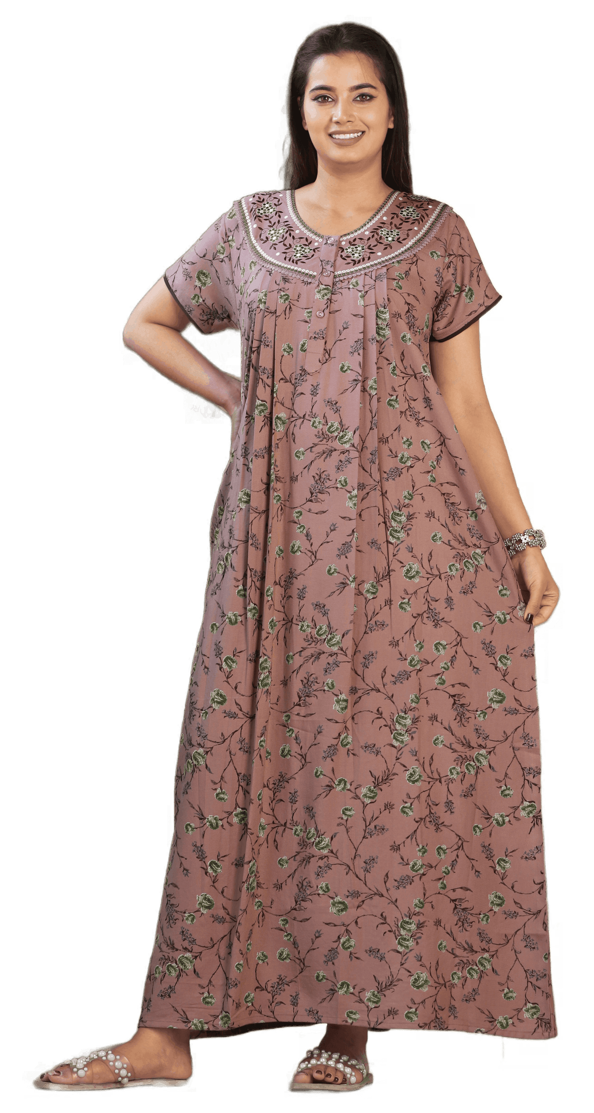 Womens Mauve Alpine Fabric Floral Printed Maxi Nighty | Premium Round Neck Embroidered Yoke Full Length Nightgown