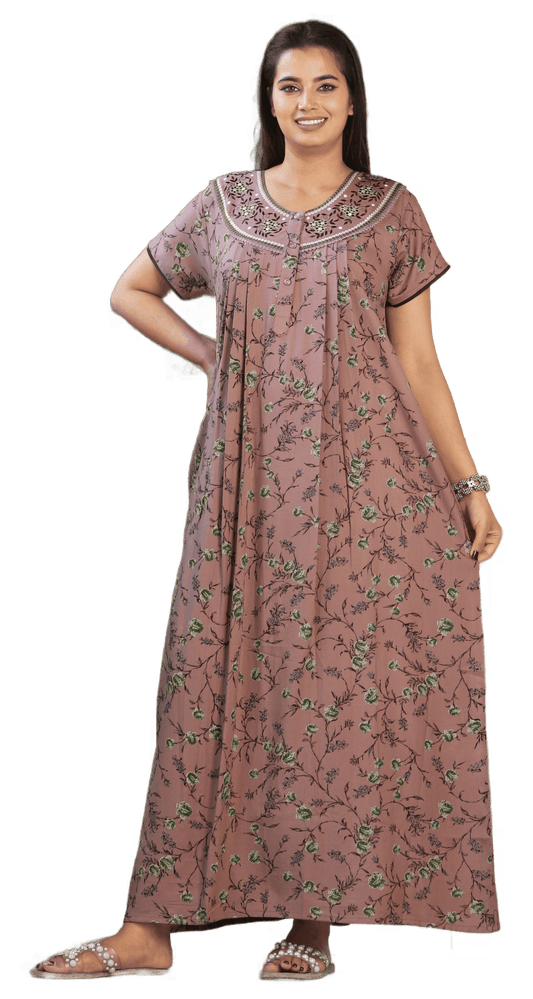 Womens Mauve Alpine Fabric Floral Printed Maxi Nighty | Premium Round Neck Embroidered Yoke Full Length Nightgown