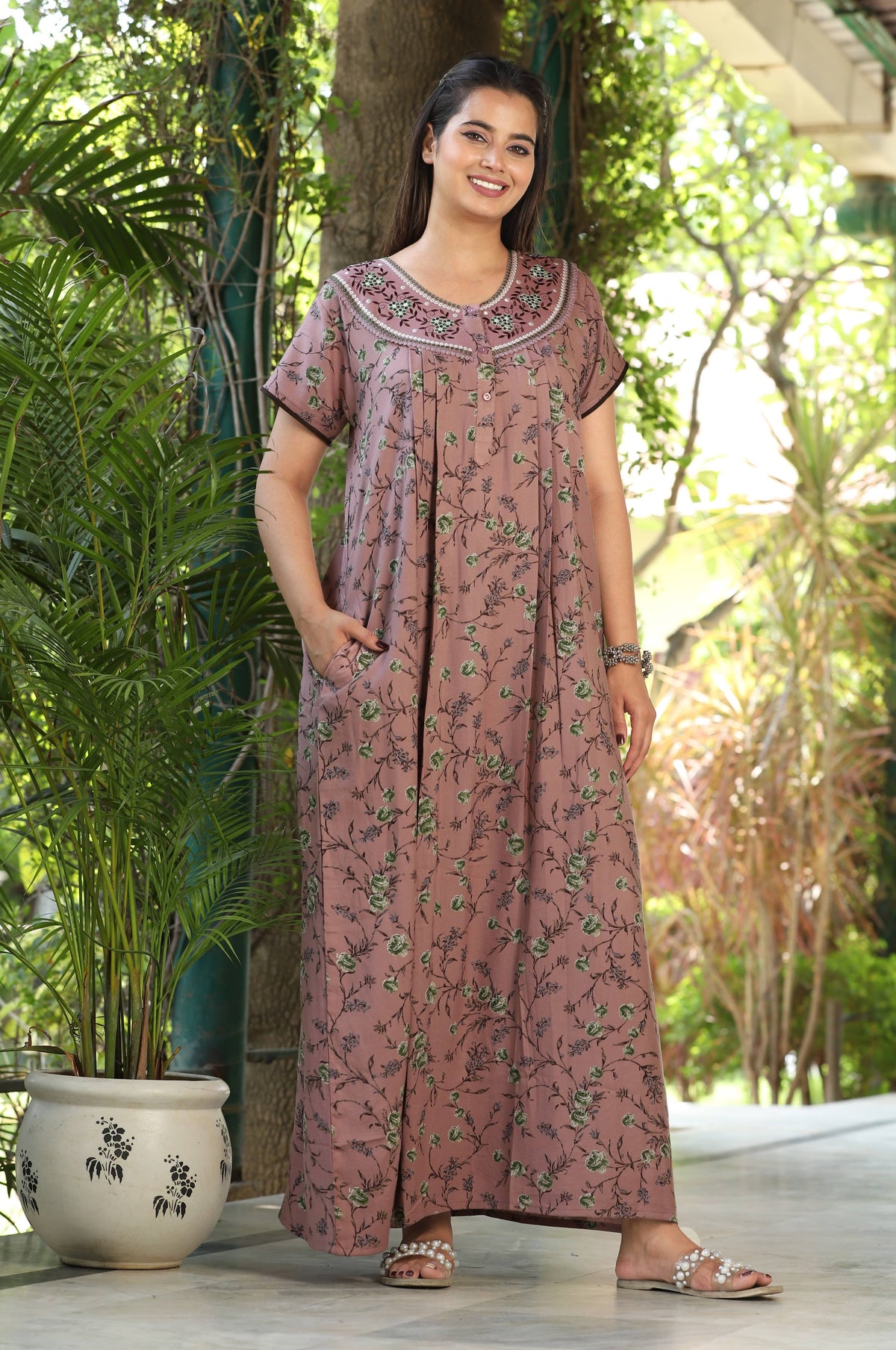 Womens Mauve Alpine Fabric Floral Printed Maxi Nighty | Premium Round Neck Embroidered Yoke Full Length Nightgown