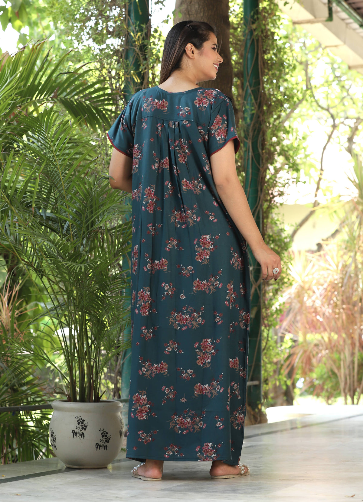Womens Dark Teal Alpine Fabric Floral Printed Maxi Nighty | Premium Round Neck Embroidered Yoke Full Length Nightgown
